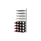 Black peg wine bottle wall rack with white acrylic back, holding dark bottles in rows