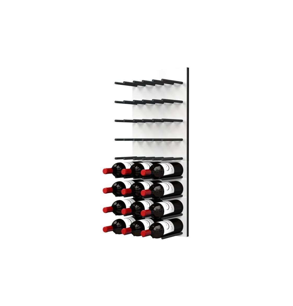 Black peg wine bottle wall rack with white acrylic back, holding dark bottles in rows