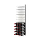 White acrylic wine bottle wall rack with cork-out pegs, filled with dark bottles