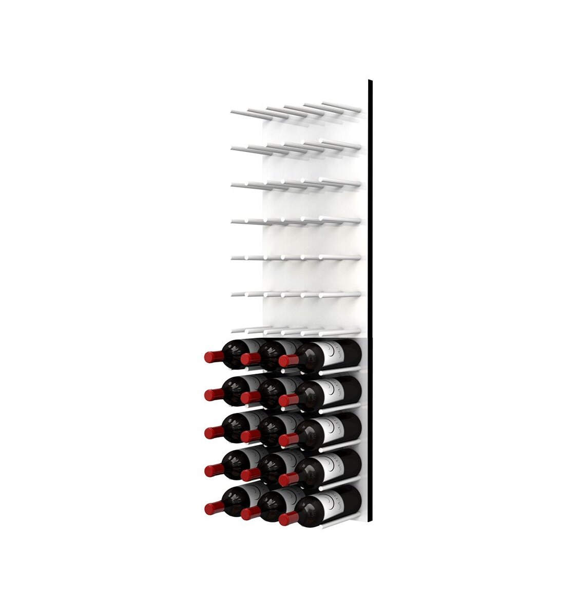 White acrylic wine bottle wall rack with cork-out pegs, filled with dark bottles