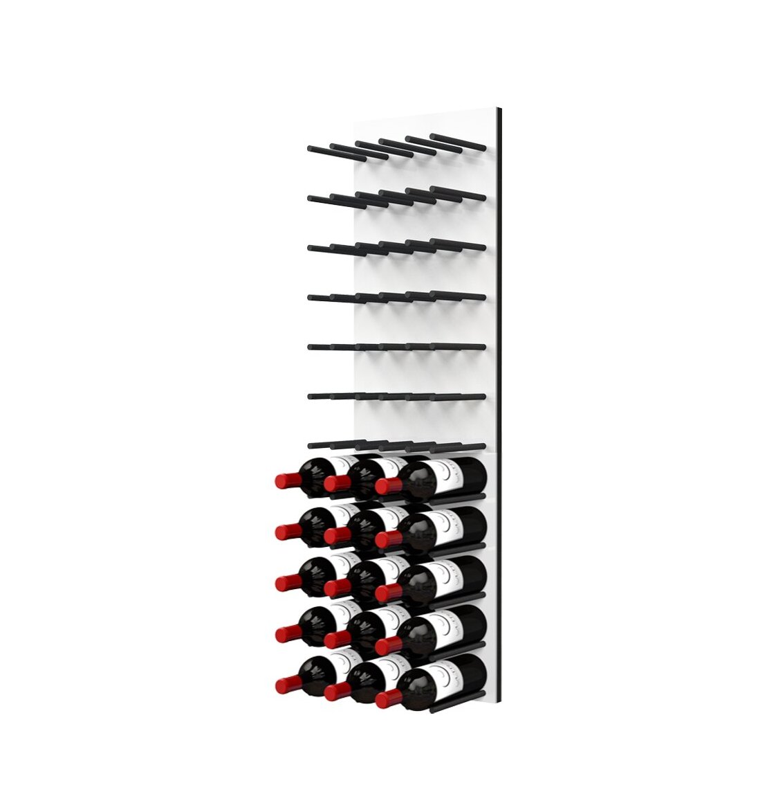 Black peg wine bottle wall rack on white back, holding dark bottles arranged in rows