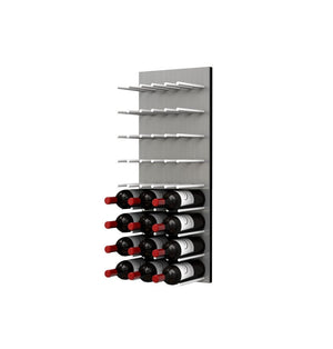 Wine bottle wall rack with cork-out bottles and satin aluminum back with pegs