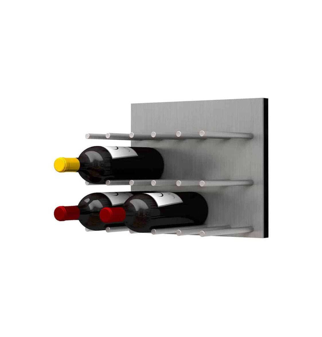 Alumasteel wine bottle wall rack with brushed aluminum finish and cork-out bottles