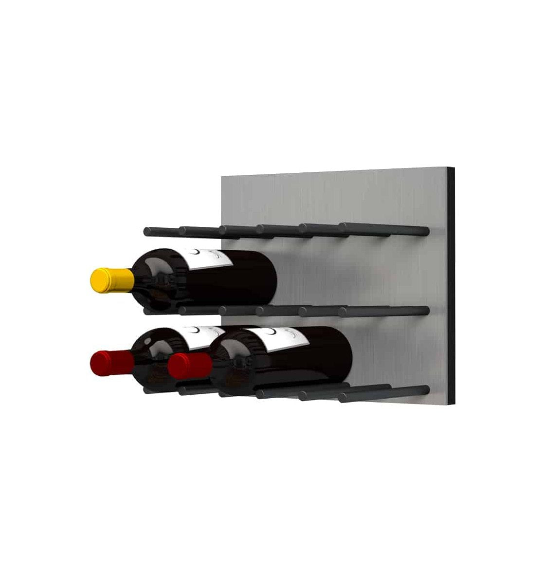 Alumasteel wine bottle wall rack with matte black pegs and cork-out bottles