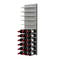 Wine bottle wall rack with cork-out bottles and satin aluminum-style peg rows