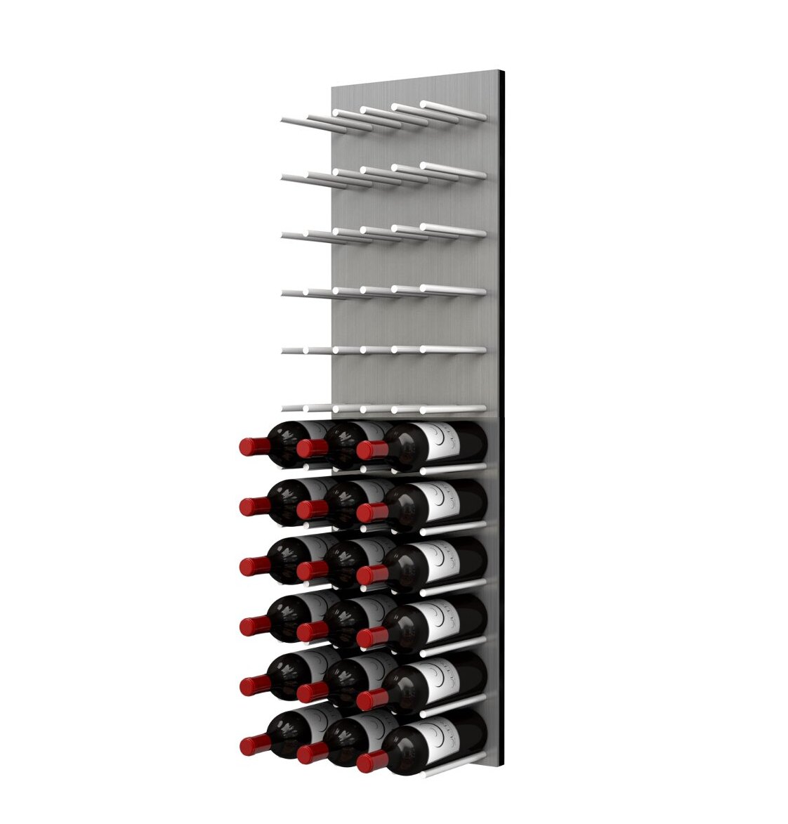 Wine bottle wall rack with cork-out bottles and satin aluminum-style peg rows
