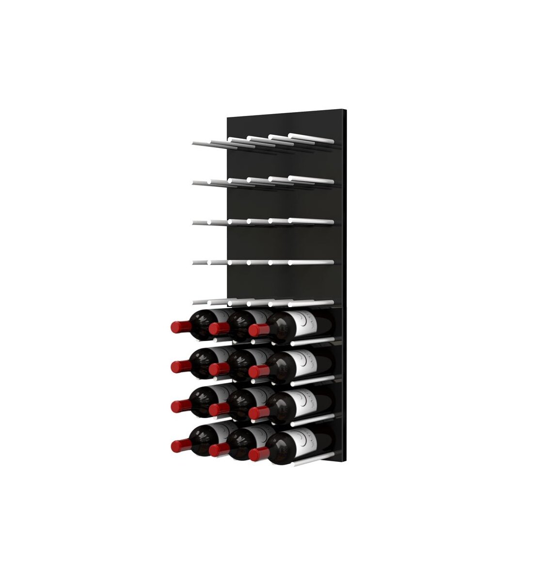 Black acrylic wine rack wall with horizontal rows and assorted wine bottles
