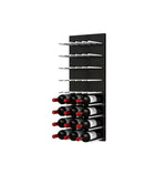 Black acrylic wine rack wall with horizontal rows and assorted wine bottles