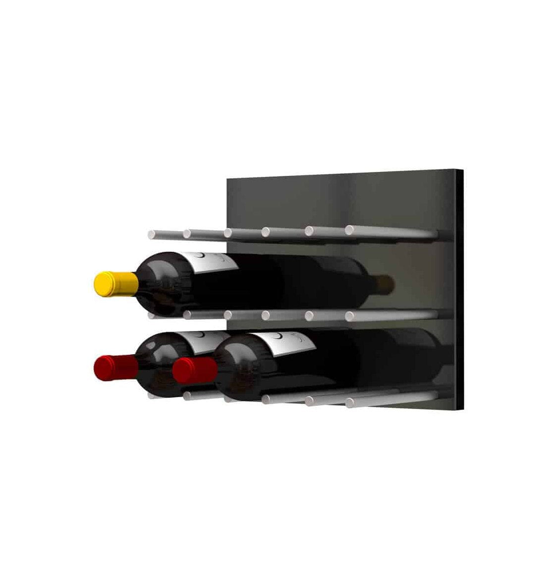 Black acrylic wine wall with straight pegs holding red and white wine bottles