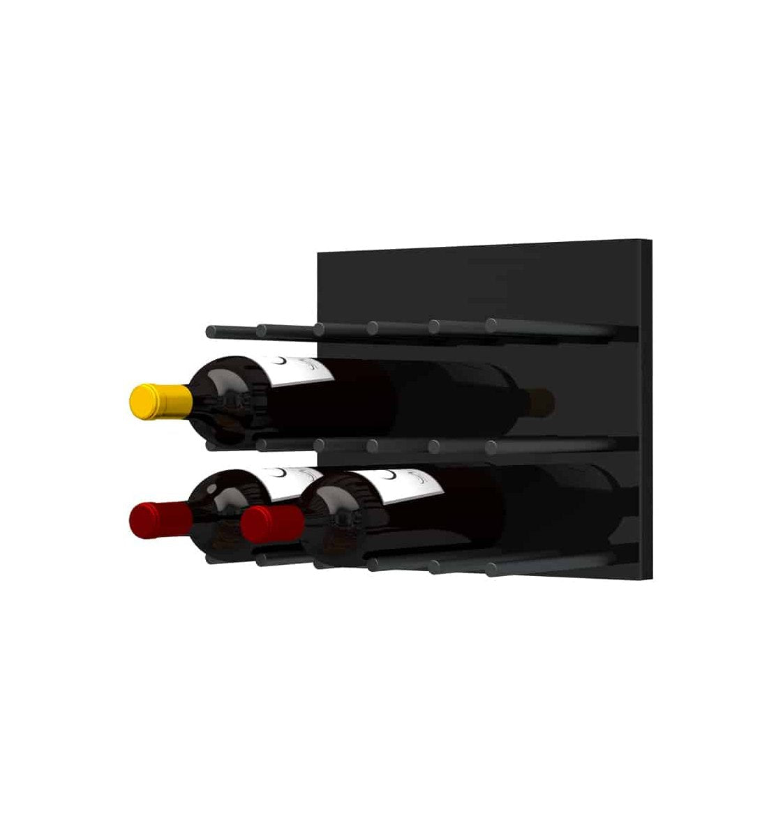 Black acrylic wine wall with straight pegs holding red and white wine bottles