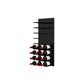 Black acrylic wine rack wall with multiple horizontal rows holding wine bottles