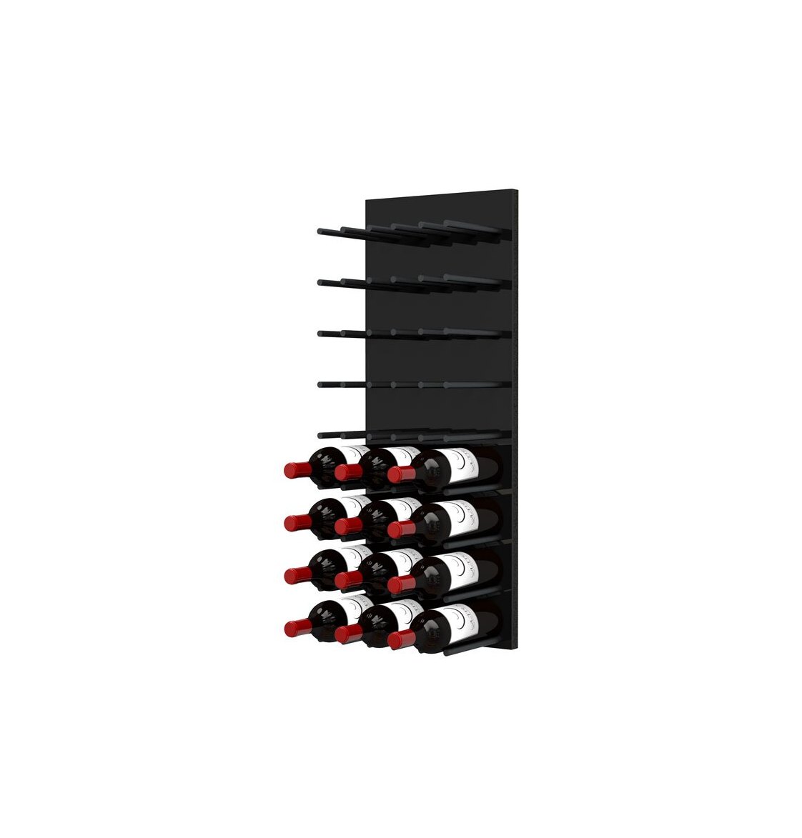 Black acrylic wine rack wall with multiple horizontal rows holding wine bottles
