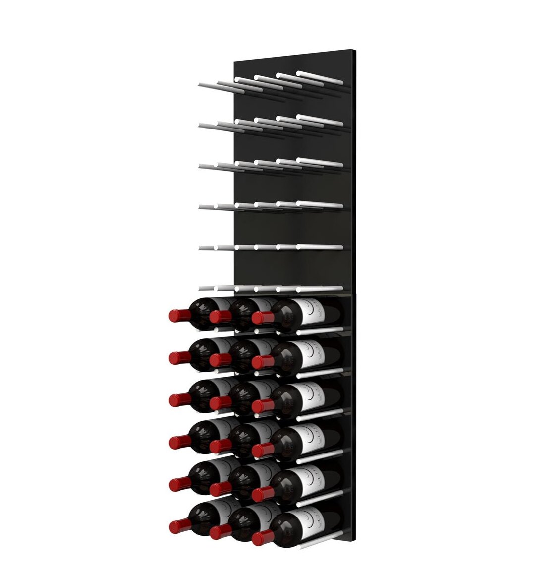 Black acrylic wine rack wall with light-colored pegs holding red and white wine bottles
