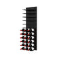 Black acrylic wine rack wall with horizontal rows holding red and white wine bottles