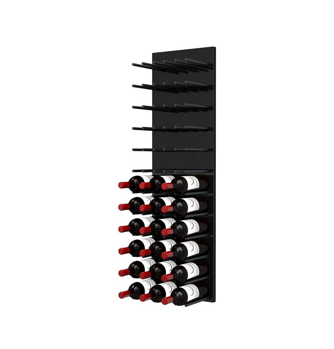 Black acrylic wine rack wall with horizontal rows holding red and white wine bottles