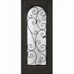 Wine cellar door with arched wrought-iron grille and scrollwork glass insert, dark finish