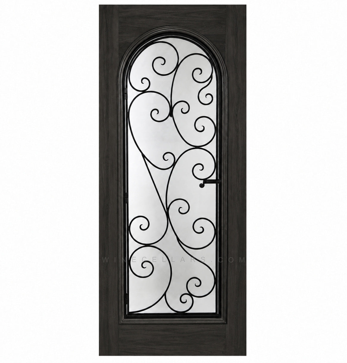 Wine cellar door with arched wrought-iron grille and scrollwork glass insert, dark finish