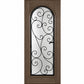 Wine cellar door with arched wrought-iron grille and scrollwork glass insert, medium brown wood