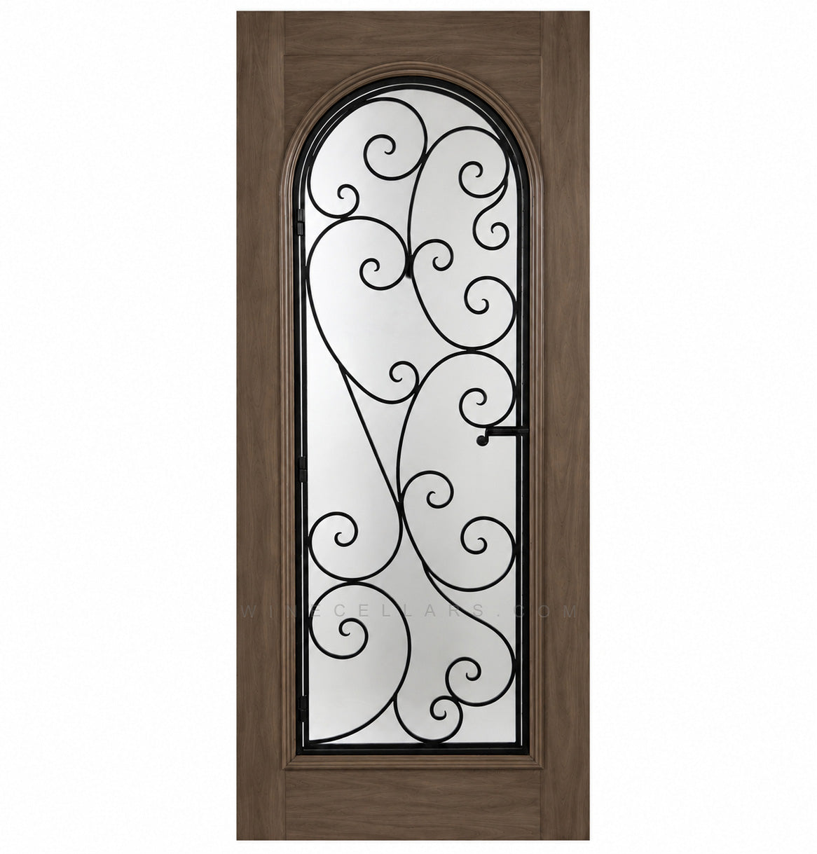 Wine cellar door with arched wrought-iron grille and scrollwork glass insert, medium brown wood