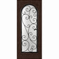 Wine cellar door with arched wrought-iron grille and scrollwork glass insert, dark brown wood