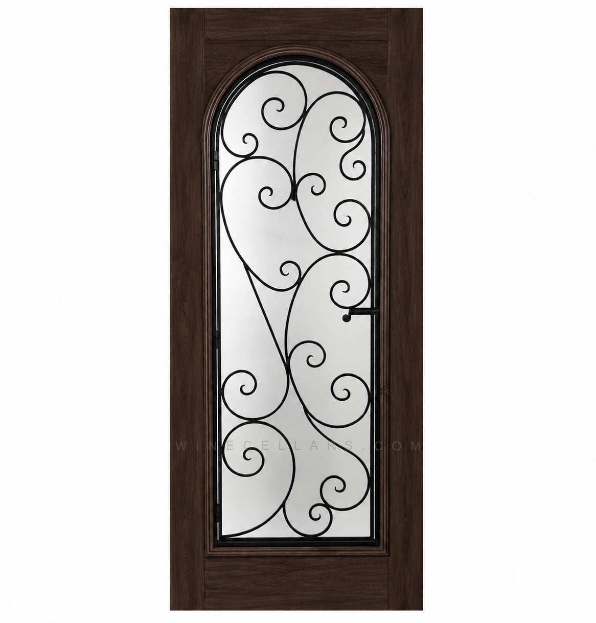 Wine cellar door with arched wrought-iron grille and scrollwork glass insert, dark brown wood