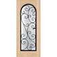 Wine cellar door with arched wrought-iron grille and scrollwork glass insert, light wood finish