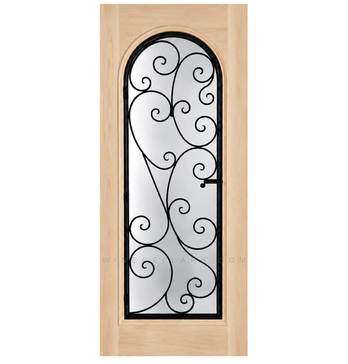 Wine cellar door with arched wrought-iron grille and scrollwork glass insert, light wood finish