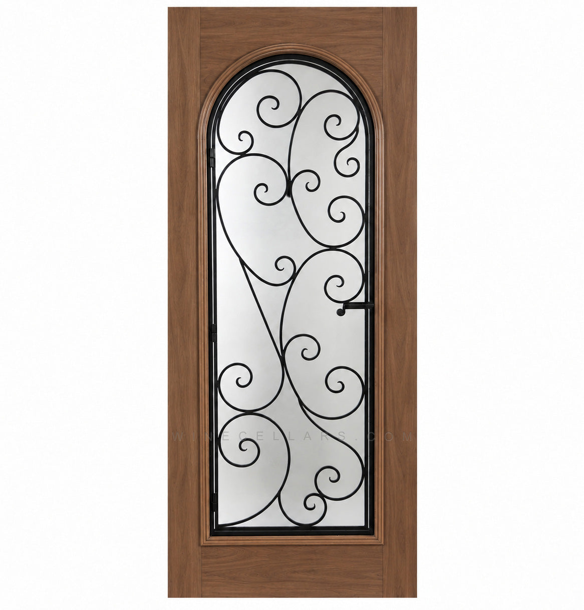 Wine cellar door with arched wrought-iron grille and scrollwork glass insert, warm brown wood