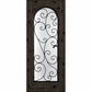 Wine cellar door with arched wrought-iron grille and scrollwork glass insert, dark rustic wood