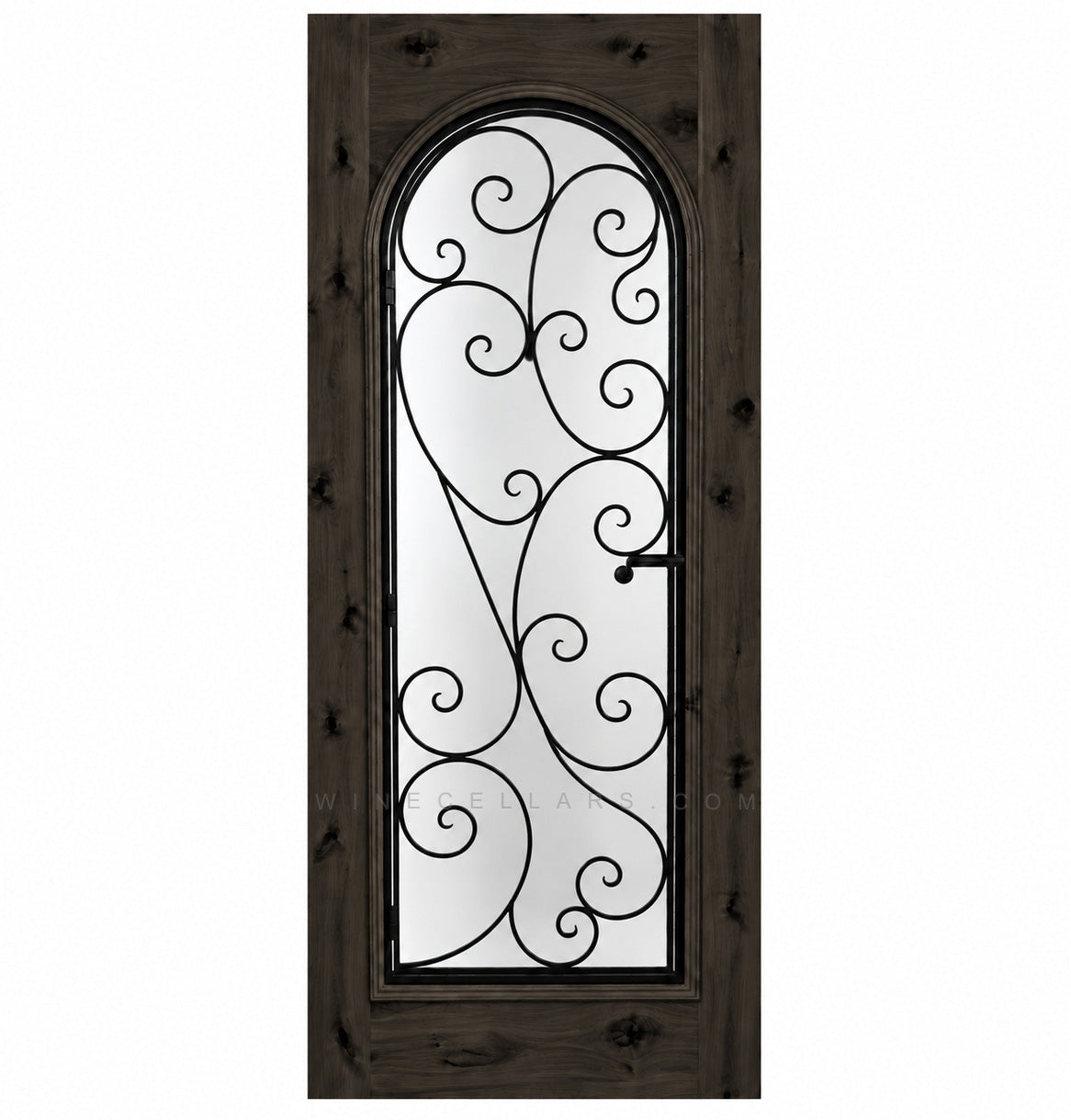 Wine cellar door with arched wrought-iron grille and scrollwork glass insert, dark rustic wood