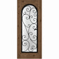 Wine cellar door with arched wrought-iron grille and scrollwork glass insert, light-medium wood