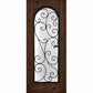 Wine cellar door with arched wrought-iron grille and scrollwork glass insert, medium dark wood