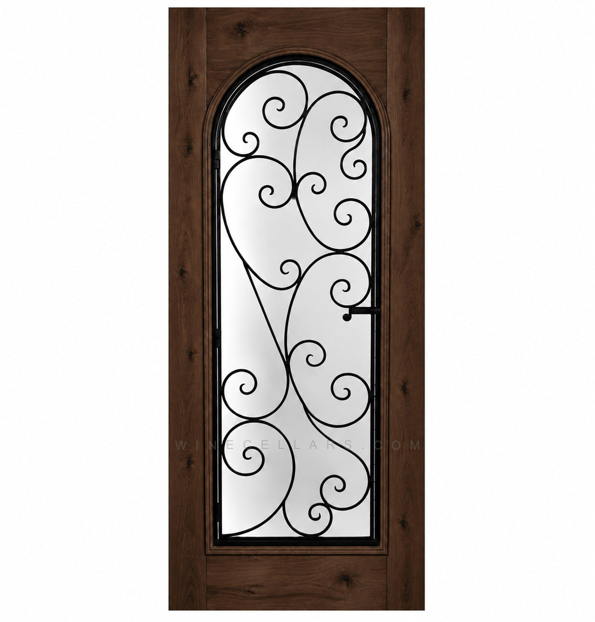 Wine cellar door with arched wrought-iron grille and scrollwork glass insert, medium dark wood