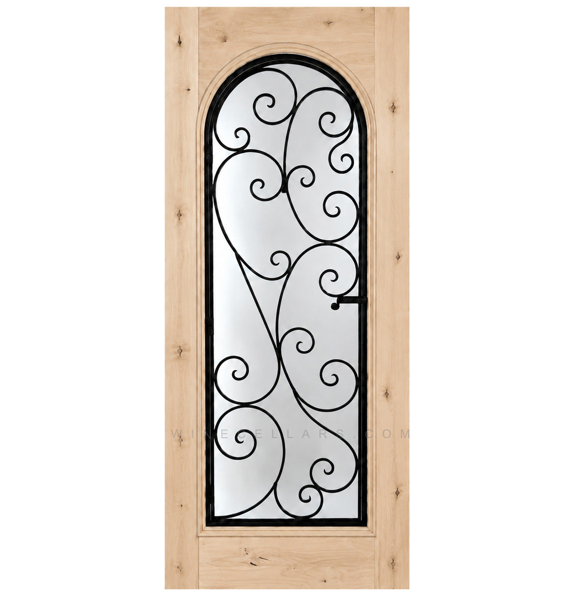 Wine cellar door with arched wrought-iron grille and scrollwork glass insert, pale wood finish