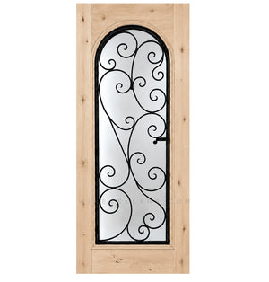 Wine cellar door with arched wrought-iron grille and scrollwork glass insert, pale wood finish