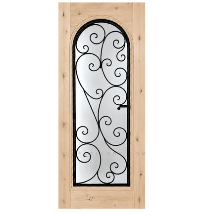 Wine cellar door with arched wrought-iron grille and scrollwork glass insert, pale wood finish