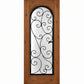 Wine cellar door with arched wrought-iron grille and scrollwork glass insert, medium brown wood