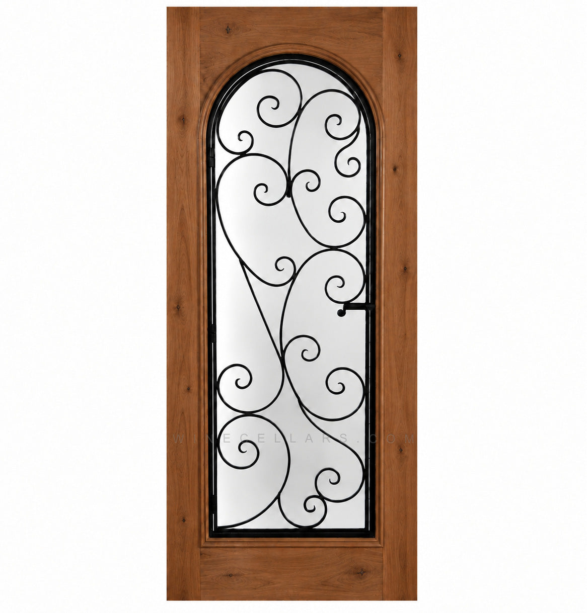 Wine cellar door with arched wrought-iron grille and scrollwork glass insert, medium brown wood