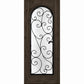 Dark wine cellar door with arched glass panel and wrought iron grille, square frame
