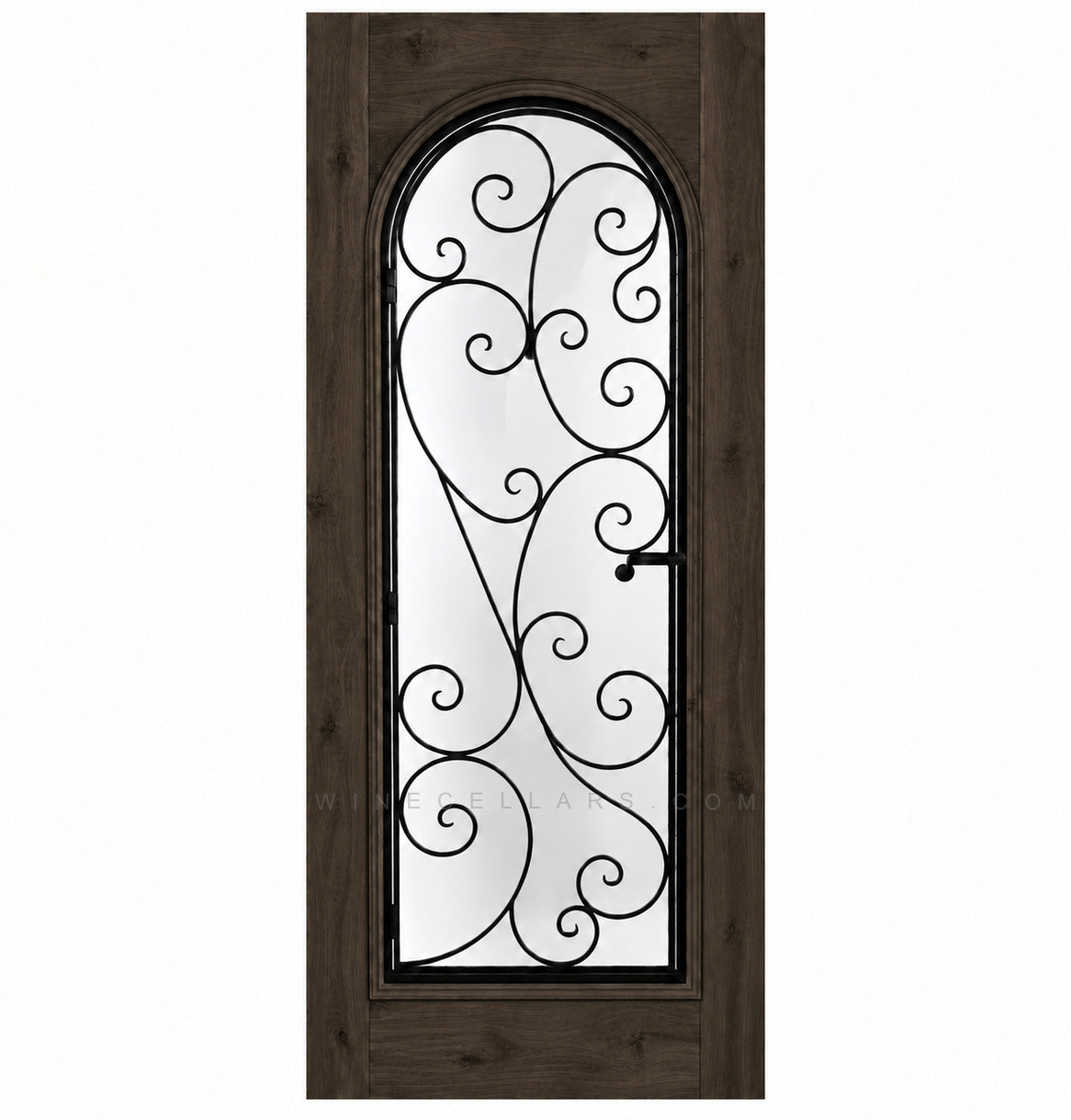 Dark wine cellar door with arched glass panel and wrought iron grille, square frame