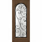 Medium-brown wine cellar door with arched glass panel and wrought iron grille, square frame