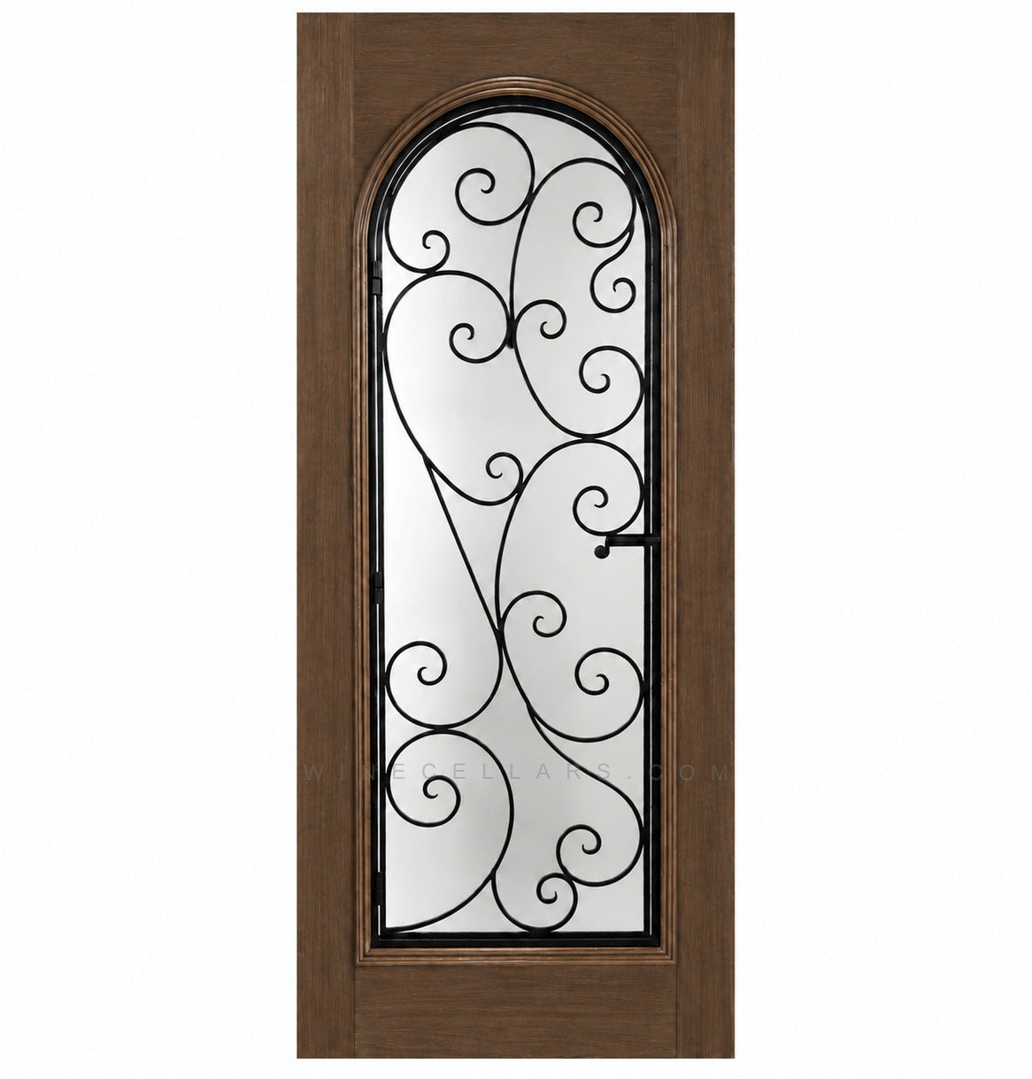 Medium-brown wine cellar door with arched glass panel and wrought iron grille, square frame