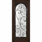 Dark brown wine cellar door with arched glass panel and wrought iron grille, square frame