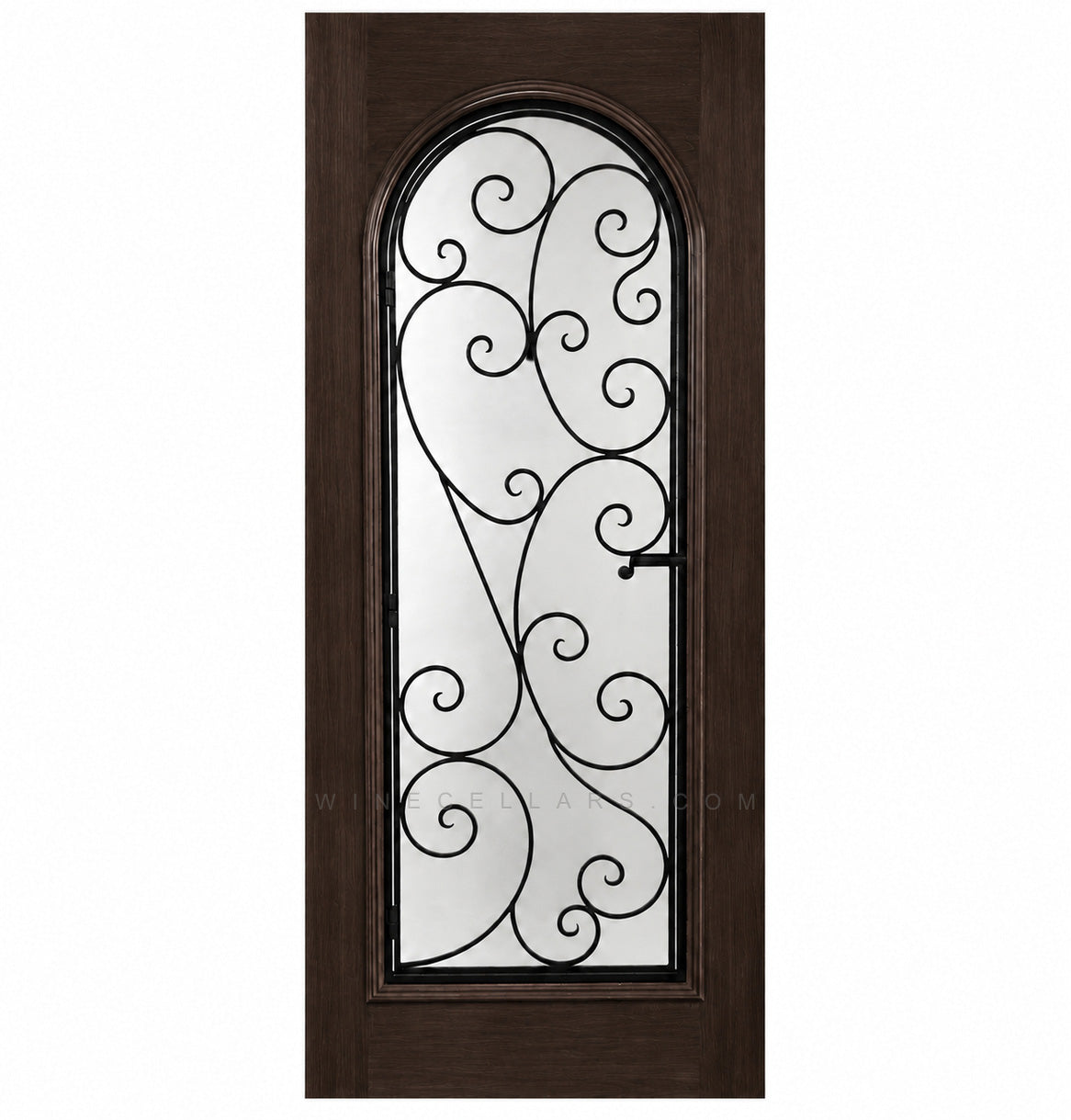 Dark brown wine cellar door with arched glass panel and wrought iron grille, square frame
