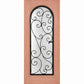 Light reddish wine cellar door with arched glass panel and wrought iron grille, square frame