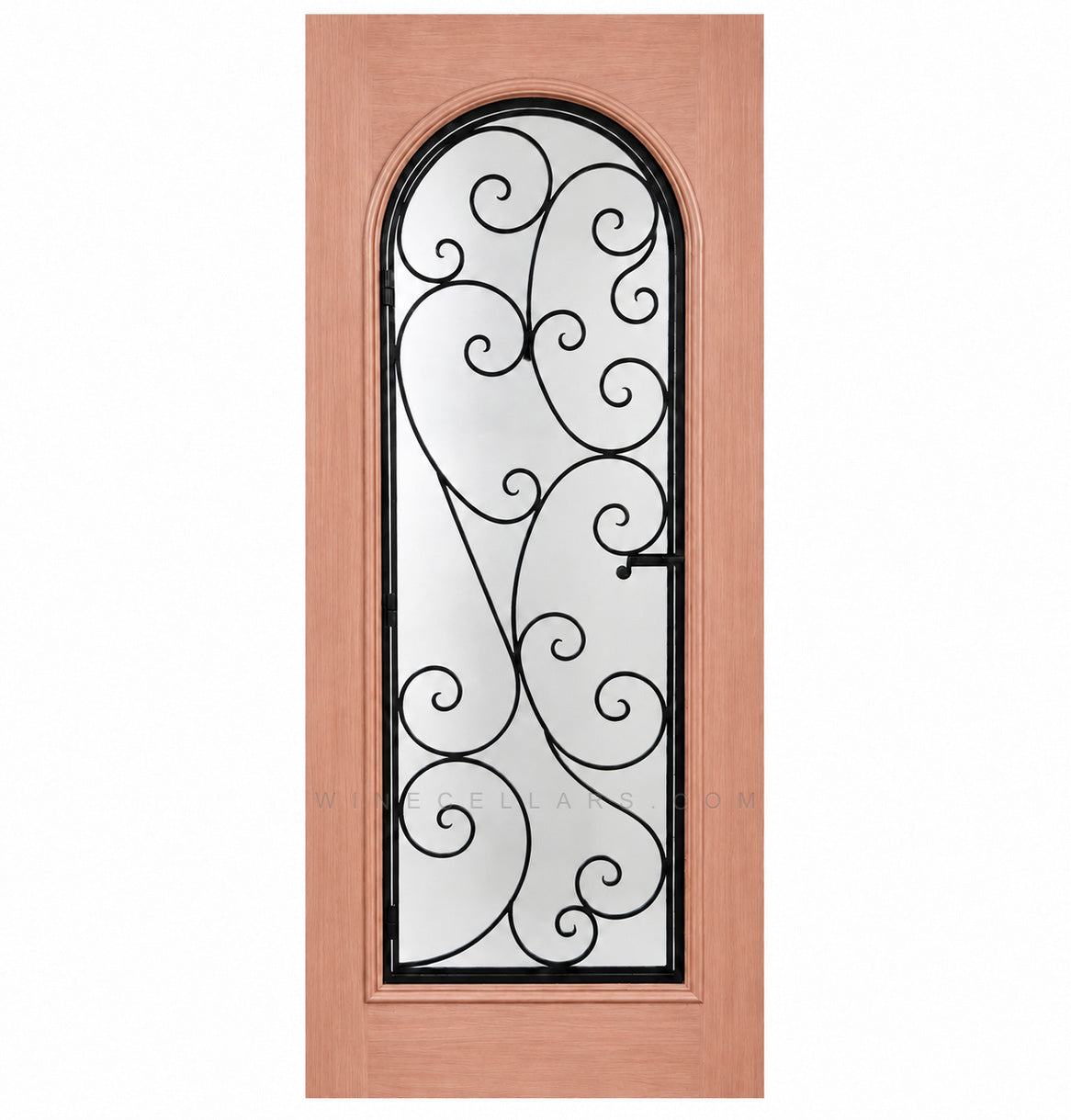Light reddish wine cellar door with arched glass panel and wrought iron grille, square frame