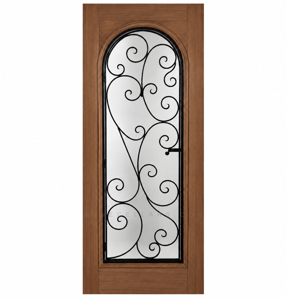 Warm medium-brown wine cellar door with arched glass panel and wrought iron grille