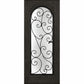 Very dark wine cellar door with arched glass panel and wrought iron grille, square frame