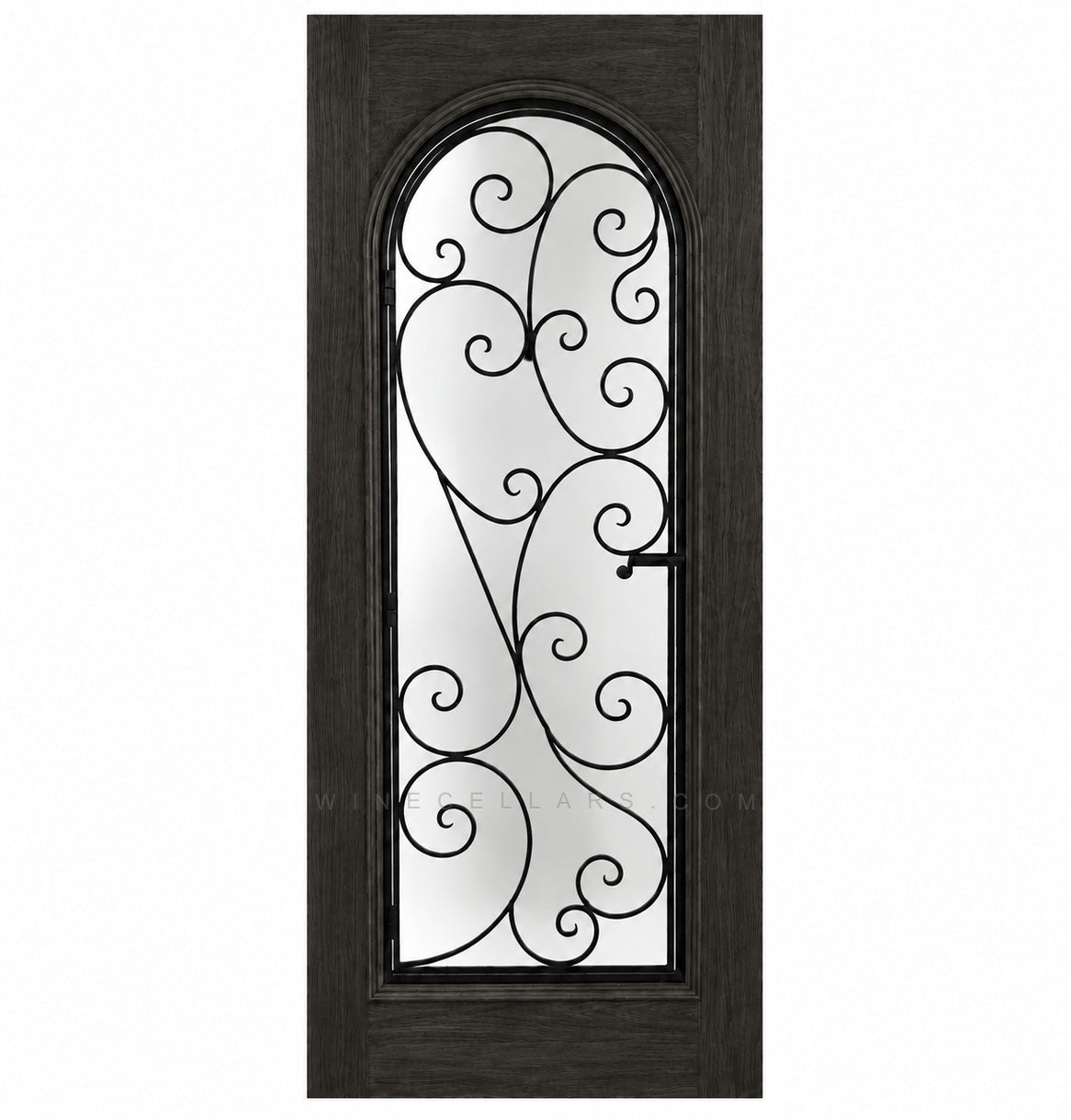 Very dark wine cellar door with arched glass panel and wrought iron grille, square frame