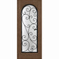 Brown wine cellar door with arched glass panel and wrought iron grille, narrow square frame